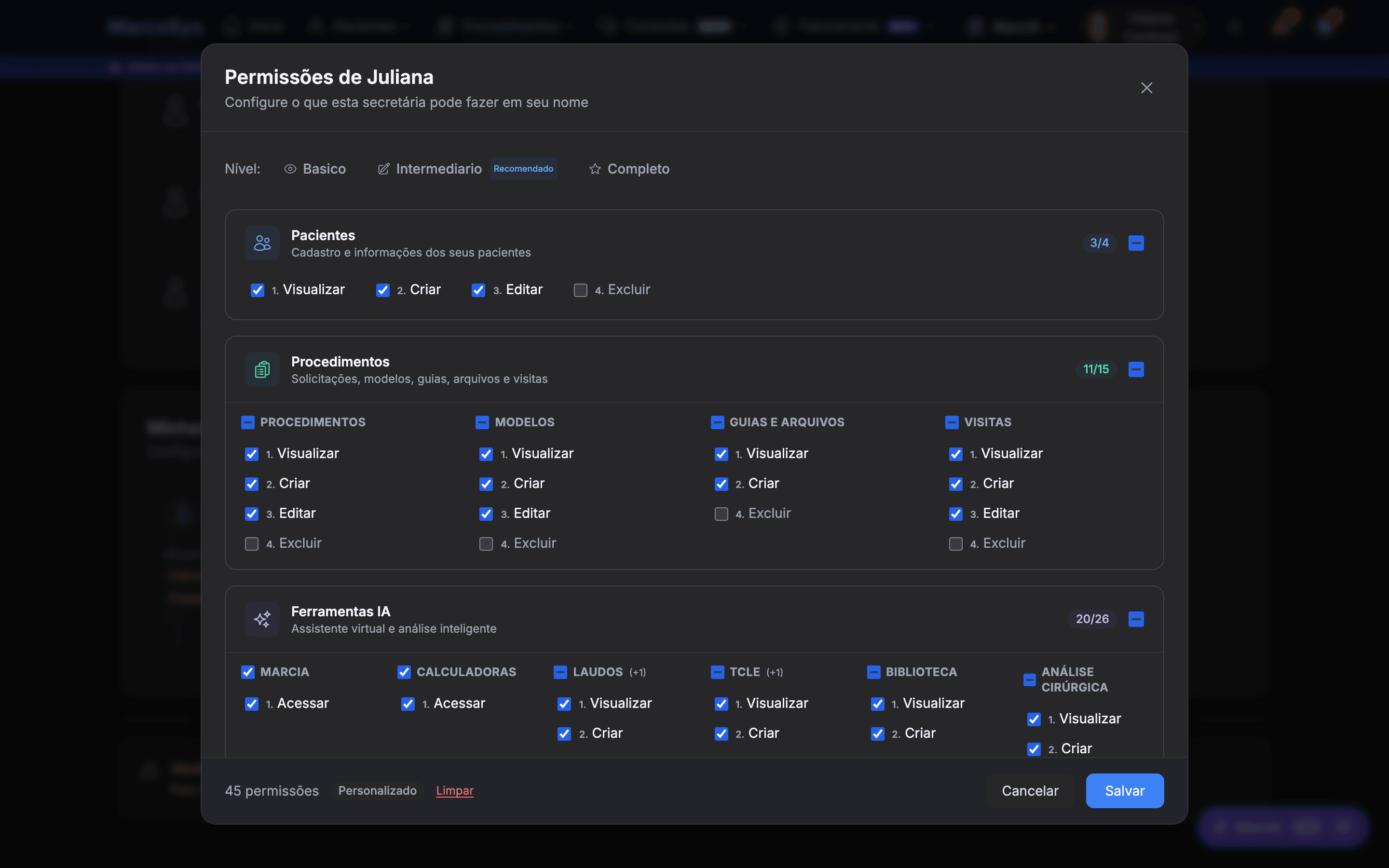 Tela de atribuição de permissões da secretária